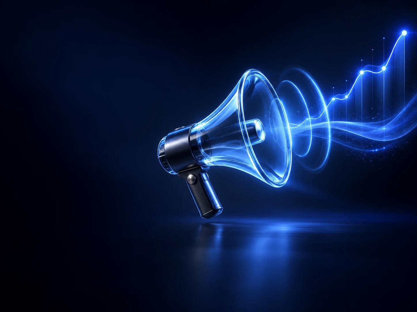 Megafone de vidro a emitir ondas de luz azul que formam um gráfico a subir, marketing digital